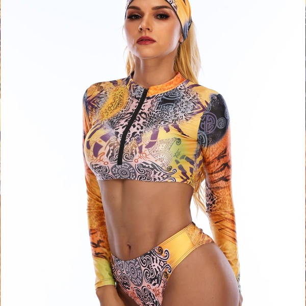

3pack Leopard & Graphic Zip Front Bikini Swimsuit, Multicolor