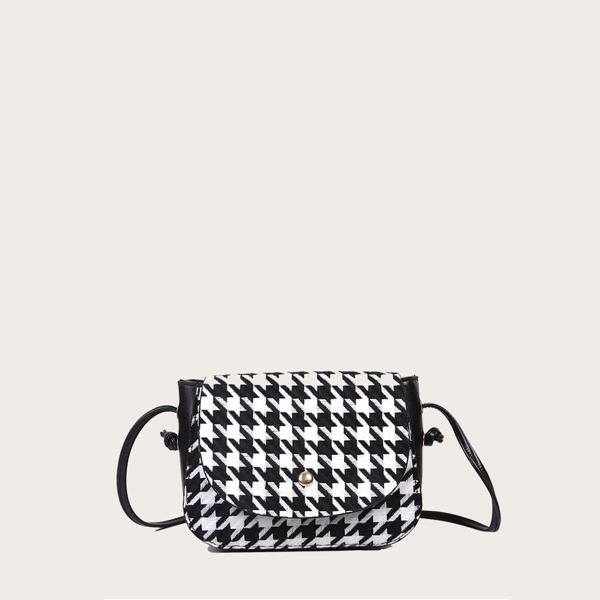 

Houndstooth Pattern Flap Crossbody Bag, Black and white