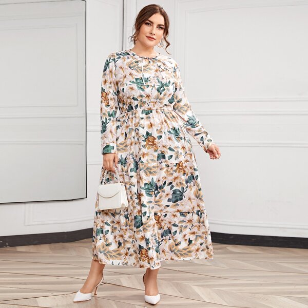 

Plus Allover Floral Print Ruffle Hem A-line Dress, Multicolor