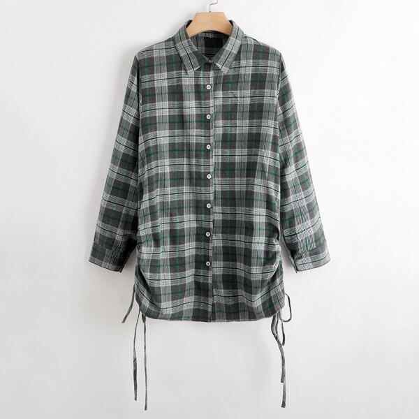 

Plus Plaid Drawstring Side Longline Blouse, Multicolor