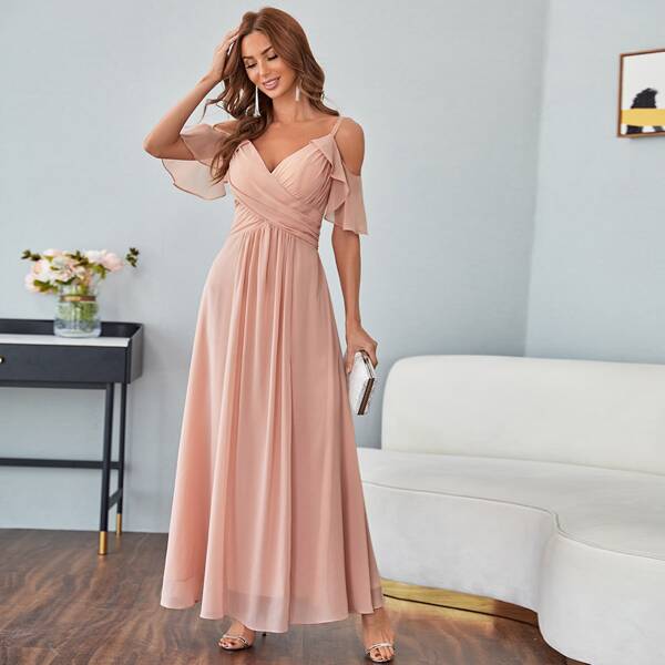 

Split Thigh Cold Shoulder Chiffon Dress, Dusty pink