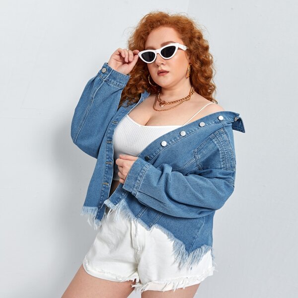 

Plus Drop Shoulder Raw Hem Button Placket Denim Jacket, Medium wash