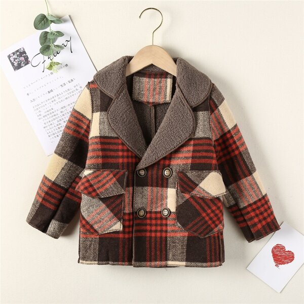 

Toddler Boys Lapel Collar Plaid Pea Coat, Multicolor
