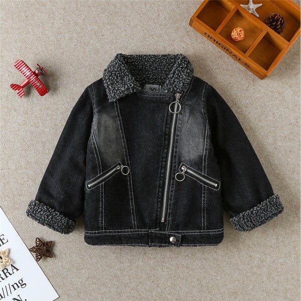

Toddler Boys Teddy Panel Washed Moto Denim Jacket, Black