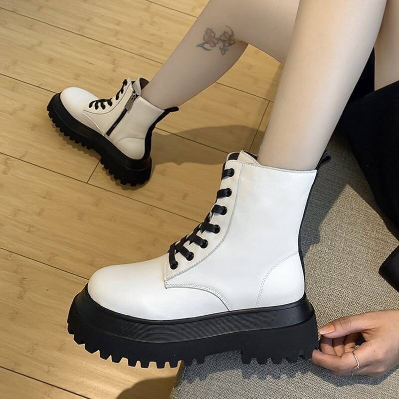 

Colorblock Lace-up Flatform Combat Boots, White