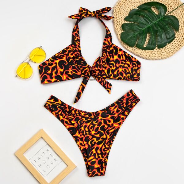 

Fire Print Halter High Cut Bikini Swimsuit, Multicolor