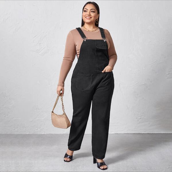 

Plus Patch Pocket Denim Overalls, Black