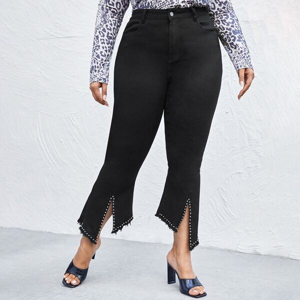 

Plus Rhinestone Detail Asymmetrical Split Hem Flare Leg Jeans, Black