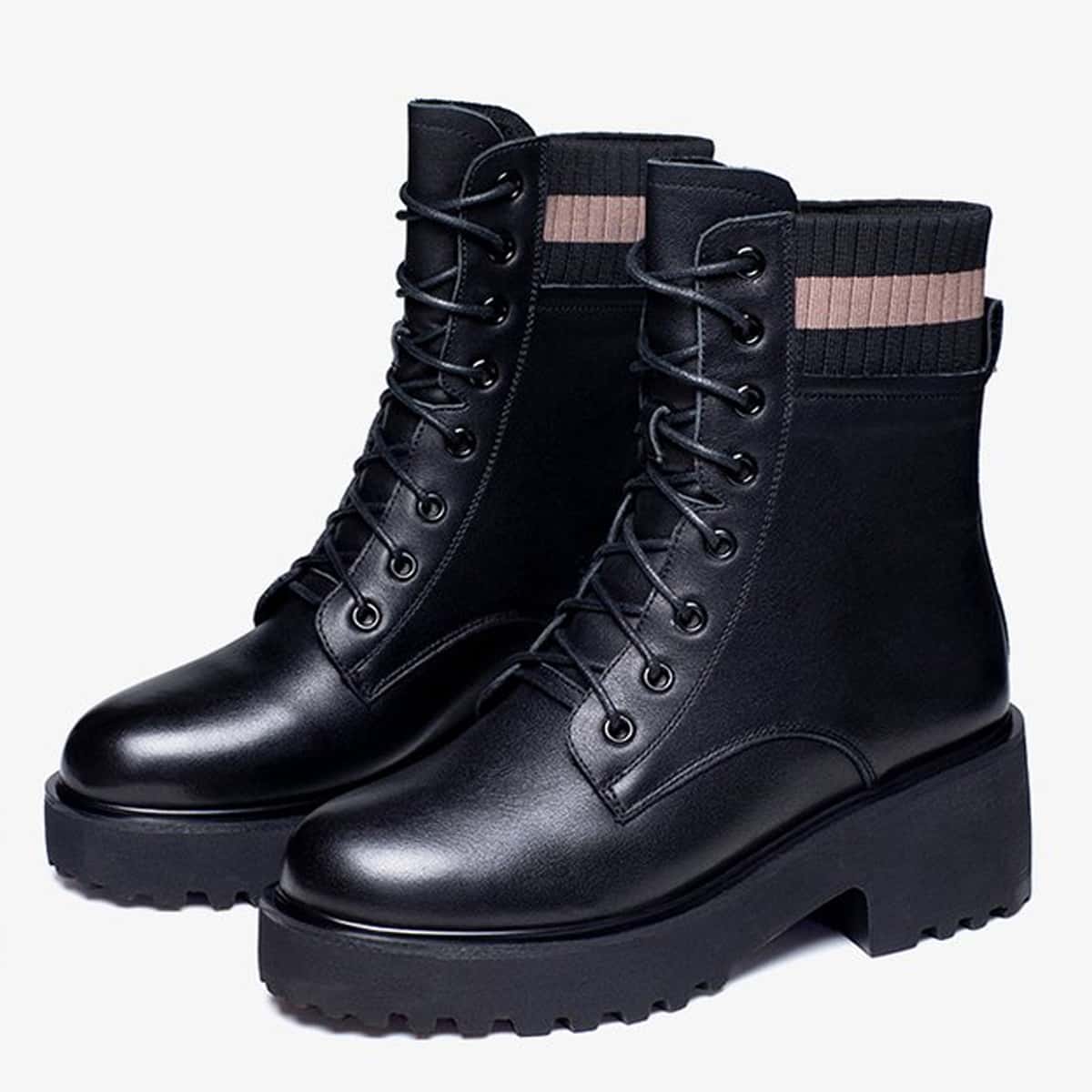 

Contrast Knit Shaft Lace-up Boots, Black