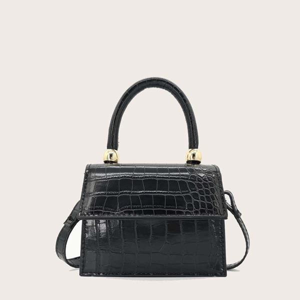 

Mini Croc Embossed Top Handle Satchel Bag, Black