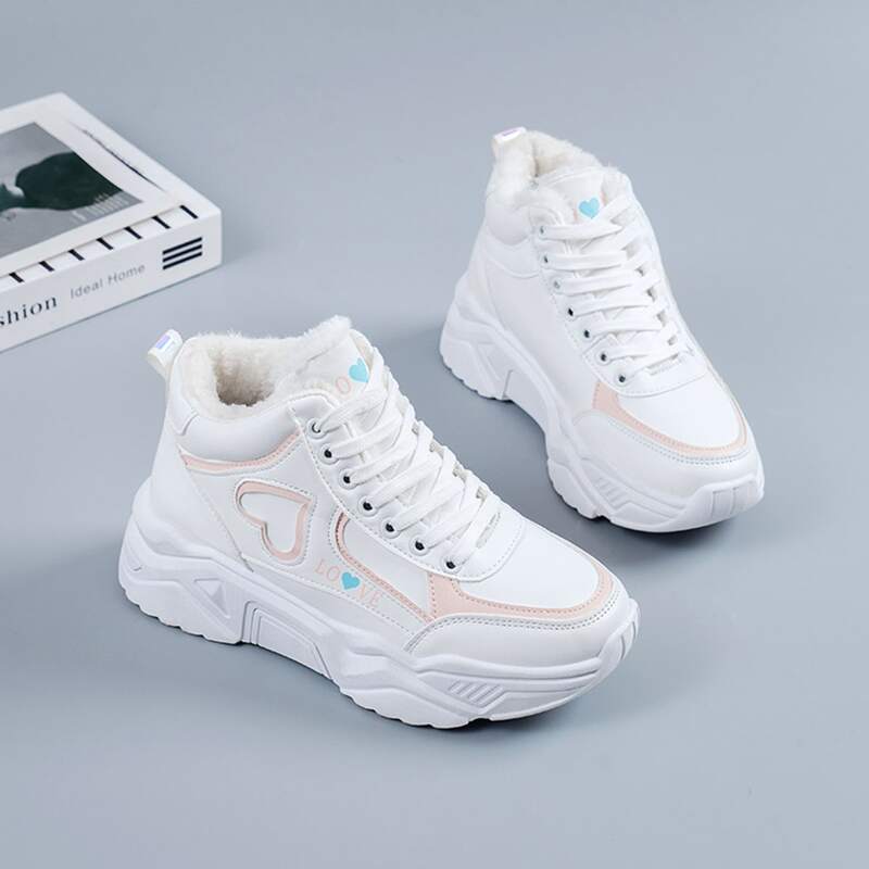 

Heart Lace-up Plush Chunky Sneakers, White