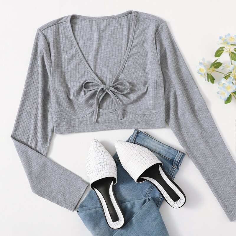 

Solid Tie Front Ribbed Crop Tee, Grey