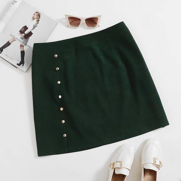 

Plus Zip Button Straight Skirt, Dark green