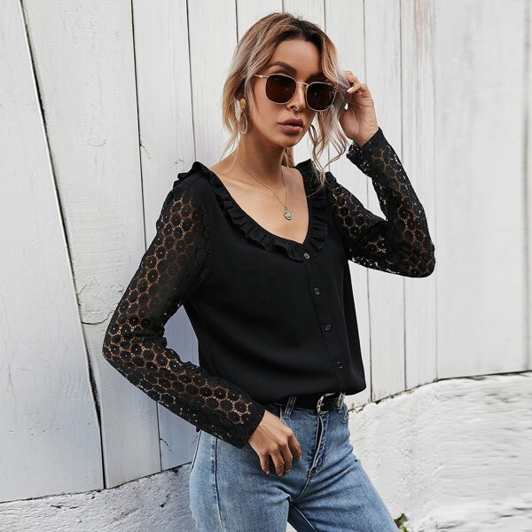 

Contrast Lace Sleeve Frill Trim Button Front Blouse, Black