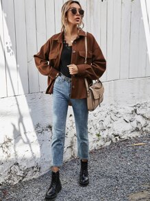 SHEIN Frenchy Áo khoác Túi màu trơn Giải trí - Cà phê nâu - Xem 3