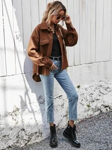 SHEIN Frenchy Áo khoác Túi màu trơn Giải trí - Cà phê nâu - Xem 5