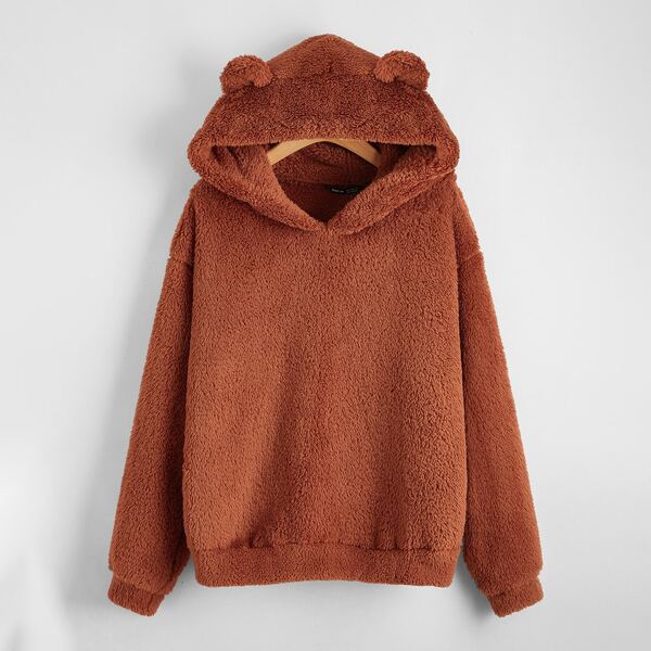 

Solid Teddy Hoodie With Ears, Rust brown