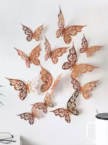 12pcs 3D Butterfly Wall Sticker, Rose Gold Hollow Paper Butterfly Wall Decal, For Home Bedroom Decor - Rose Gold - View 1