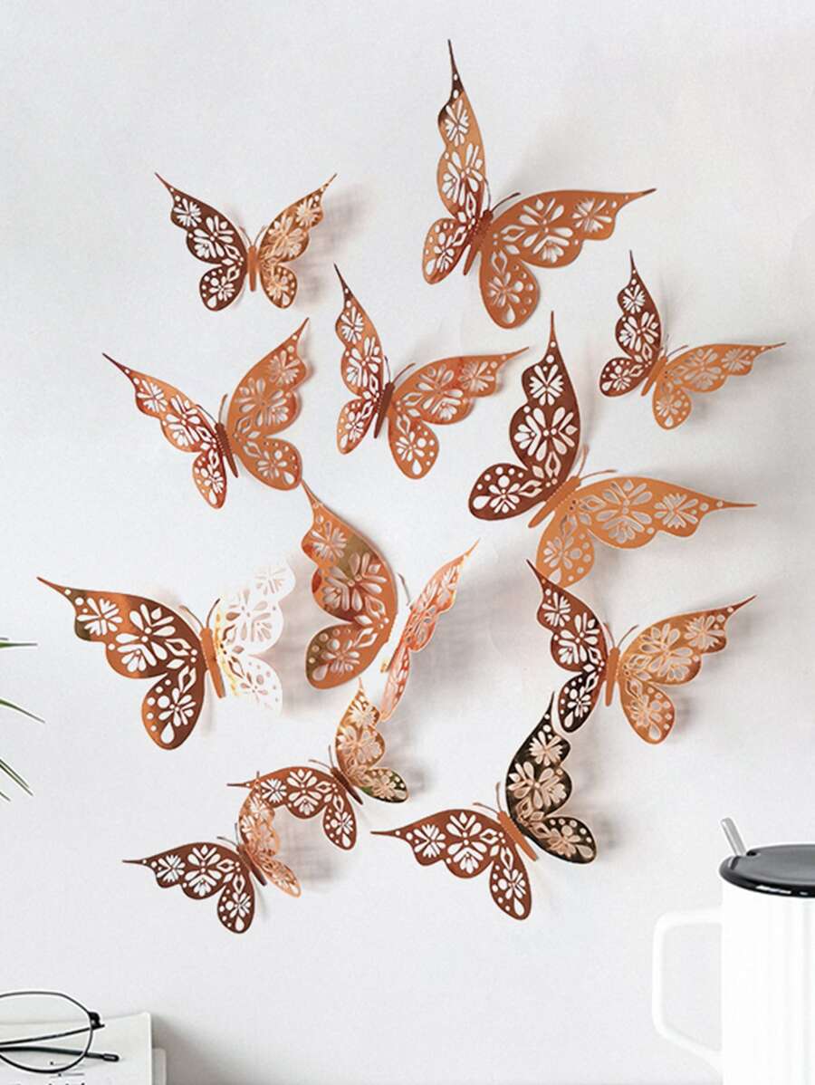 12pcs 3D Butterfly Wall Sticker, Rose Gold Hollow Paper Butterfly Wall Decal, For Home Bedroom Decor - Rose Gold - View 1