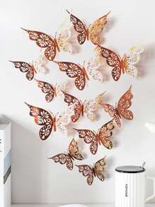 12pcs 3D Butterfly Wall Sticker, Rose Gold Hollow Paper Butterfly Wall Decal, For Home Bedroom Decor - Rose Gold - View 6