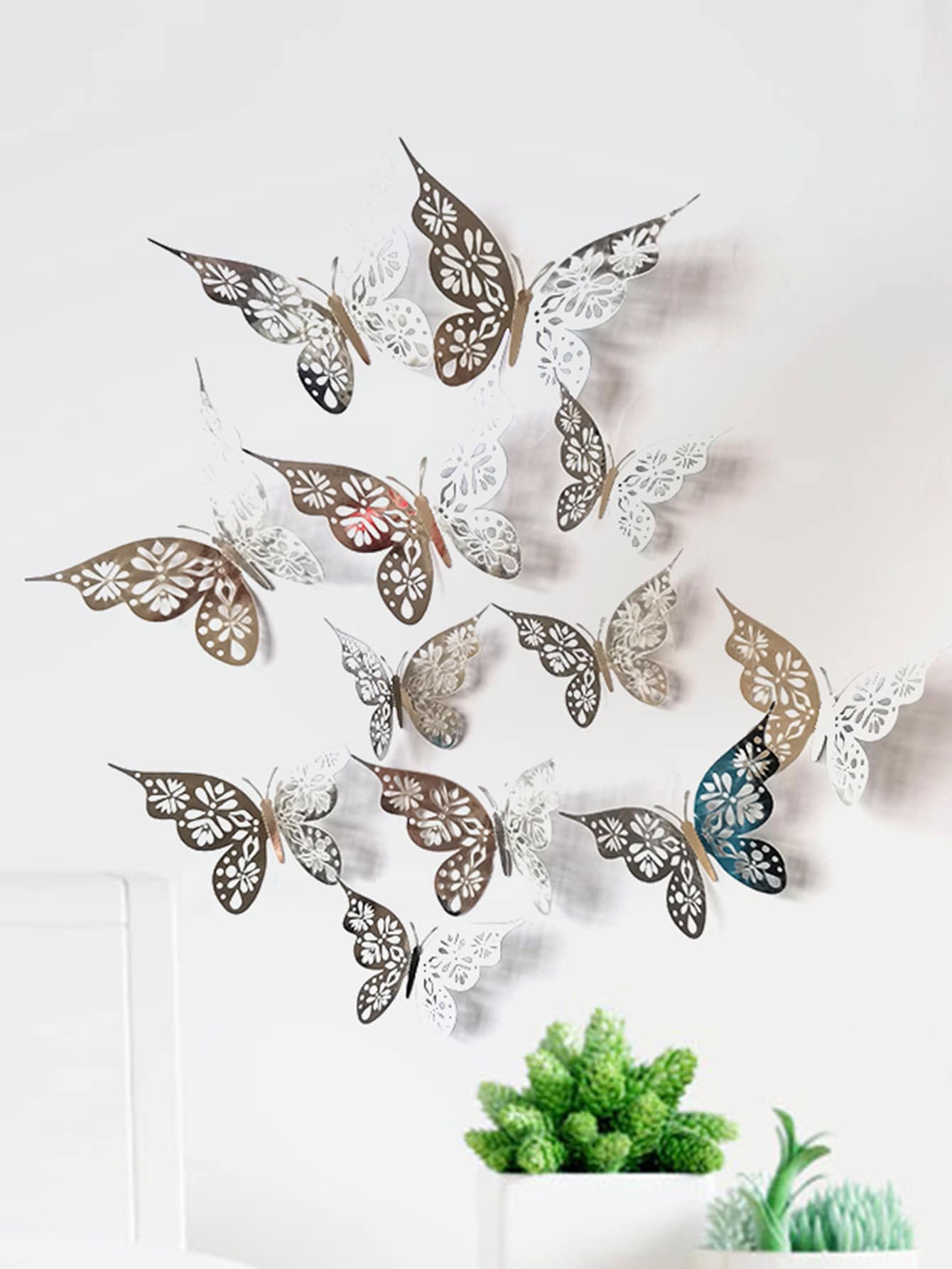 12pcs Hollow Paper Wall Sticker,Boho Silver Color Butterfly Design Creative Self Adhesive 3D Butterfly Wall Decor - Silver - View 1