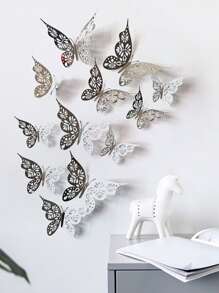 12pcs Hollow Paper Wall Sticker,Boho Silver Color Butterfly Design Creative Self Adhesive 3D Butterfly Wall Decor - Silver - View 4