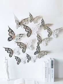 12pcs Hollow Paper Wall Sticker,Boho Silver Color Butterfly Design Creative Self Adhesive 3D Butterfly Wall Decor - Silver - View 5