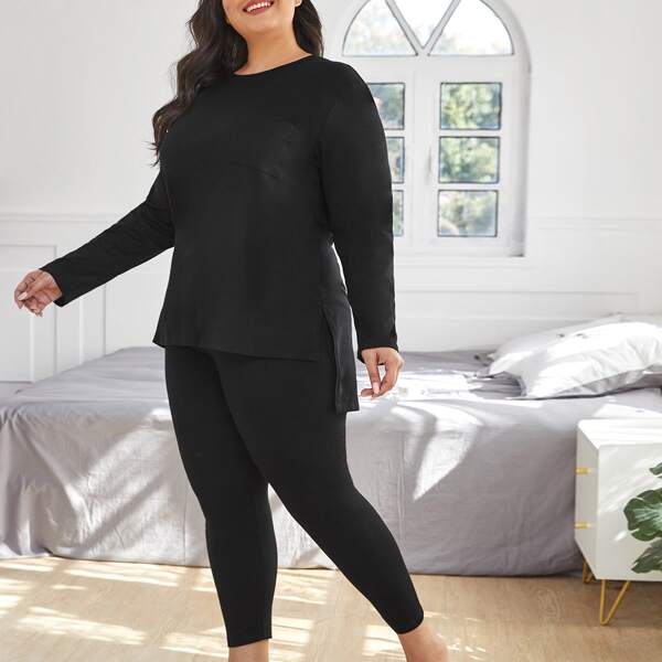 

Plus Solid High Low Pajama Set, Black