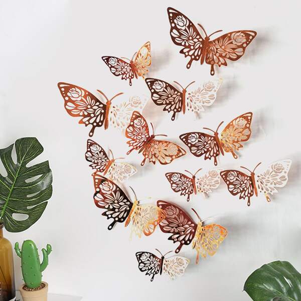 

12pcs Hollow Butterfly Wall Sticker, Rose gold