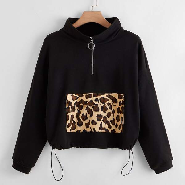 

Plus Zip Half Leopard Pocket Front Sweatshirt, Black