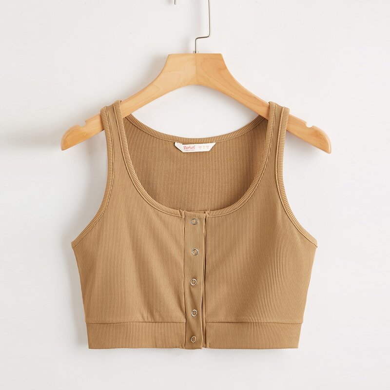 

Solid Button Front Ribbed Tank Top, Khaki