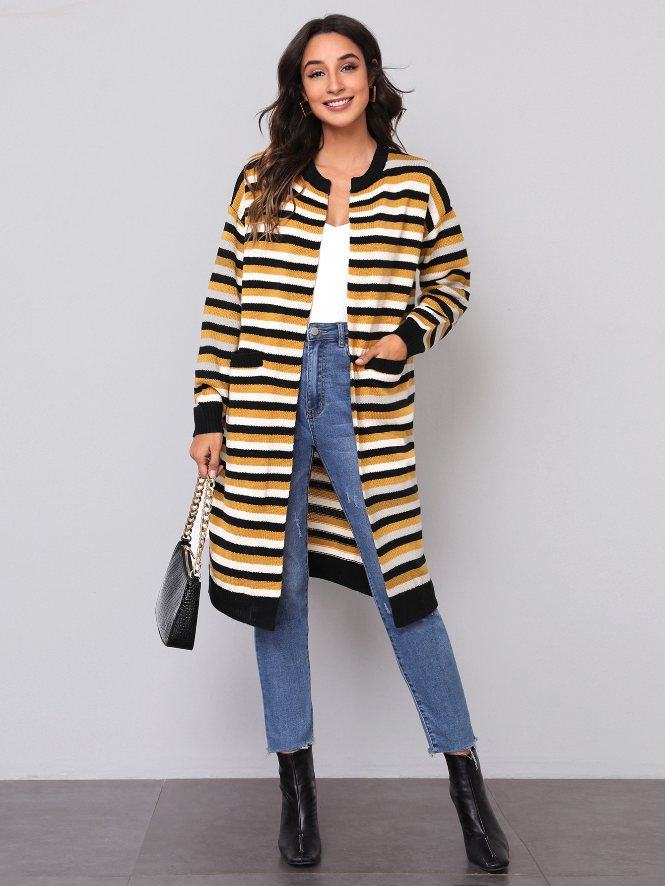 Drop Shoulder Pocket Front Striped Cardigan thumbnail