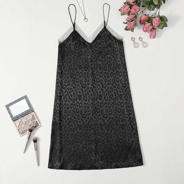 

Plus Leopard Print Mesh Trimed Slip Night Dress, Dark grey