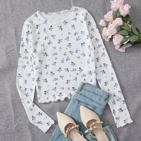 

Ditsy Floral Print Lettuce Edge Tee, White
