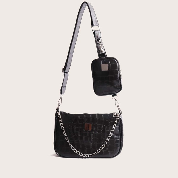 

Chain Decor Crossbody Bag With Purse, Black