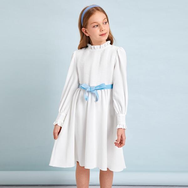 

Girls Frill Detail Self Belted Dress, White
