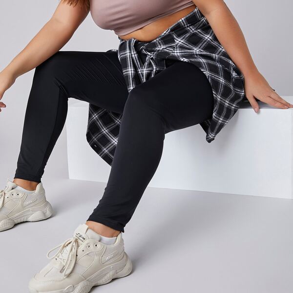 

Plus Wide Waistband Solid Leggings, Black