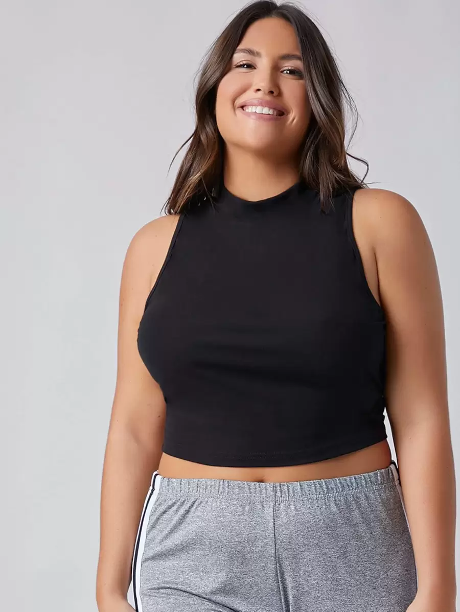 SHEIN BASICS 大碼小高領短版背心上衣 - 黑色 - 查看 1