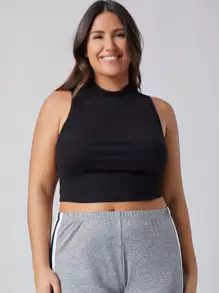 SHEIN BASICS 大碼小高領短版背心上衣 - 黑色 - 查看 4