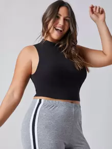 SHEIN BASICS 大碼小高領短版背心上衣 - 黑色 - 查看 5