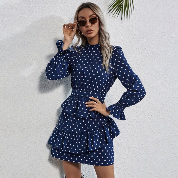 

Mock Neck Ruffle Trim Polka Dot Dress, Navy blue