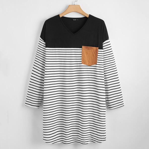 

Plus V-neck Suede Pocket Patched Striped Dress, Black and white