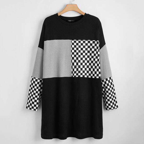 

Plus Checkered Panel Colorblock Rib-knit Dress, Multicolor