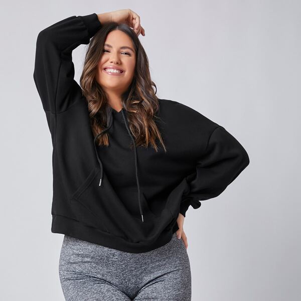 

Plus Drop Shoulder Pocket Front Hoodie, Black