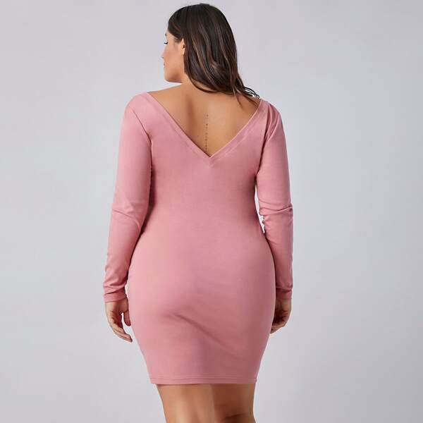 

Plus Double V Neck Bodycon Dress, Dusty pink