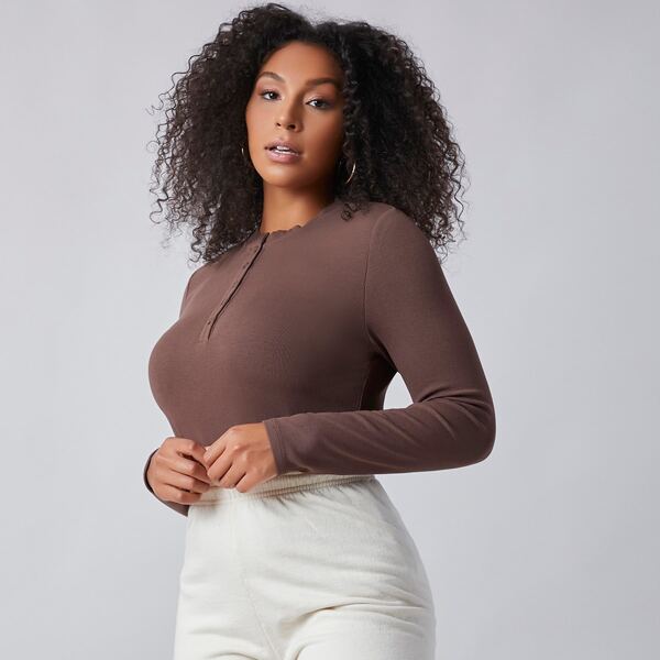 

Plus Button Half Placket Rib-knit Tee, Chocolate brown