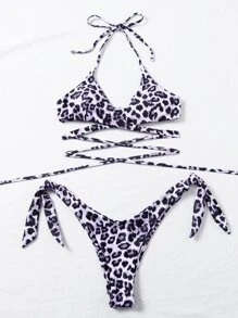 Conjunto de bikini envolvente con estampado de leopardo y lazos en los laterales para la playa del verano - Multicolor - Ver 3
