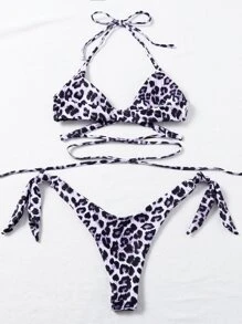 Conjunto de bikini envolvente con estampado de leopardo y lazos en los laterales para la playa del verano - Multicolor - Ver 2