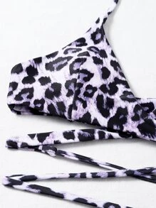 Conjunto de bikini envolvente con estampado de leopardo y lazos en los laterales para la playa del verano - Multicolor - Ver 4