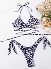 Conjunto de bikini envolvente con estampado de leopardo y lazos en los laterales para la playa del verano - Multicolor - Ver 6